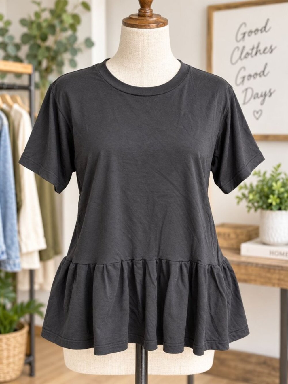 Vintage 80s CP Sport Ruffle Hem Tunic L Black USA Cotton Whimsygoth Minimalist